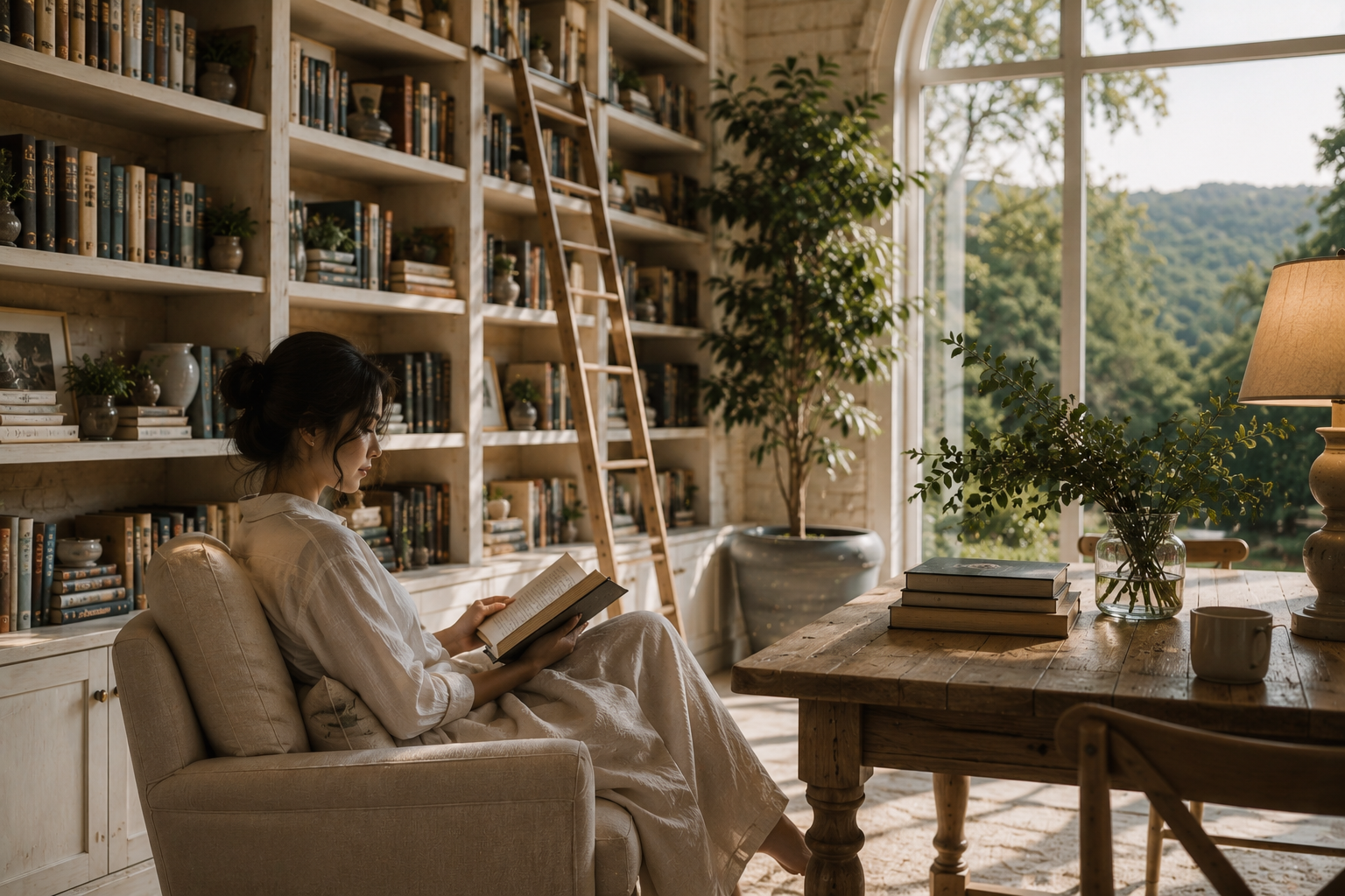 หญิงอ่านหนังสือในห้องสมุดรับแสงธรรมชาติ พร้อมวิวสวนและภูเขา